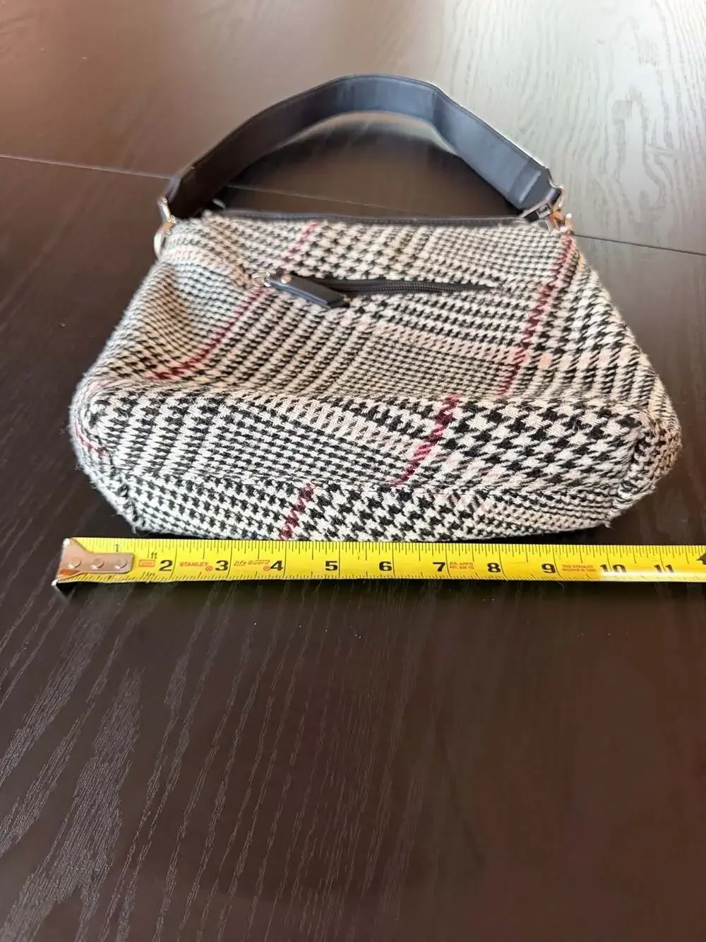 Vintage Plaid Houndstooth Shoulder Bag with Black Leather-like Trim